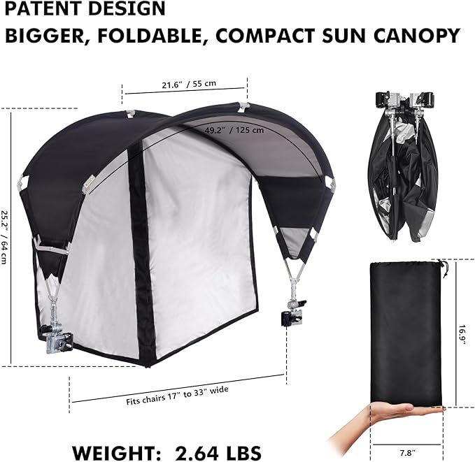 Universal Umbrella - UPF 50+ Sun Shade, Adjustable Clamp Clip, Beach, Wagon, Zero Gravity, Sports & Lawn Chair (Patent Design)