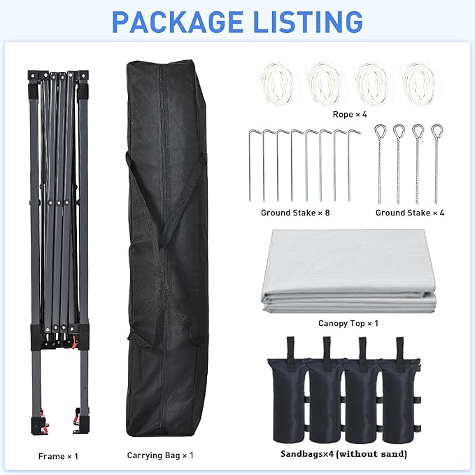 Pop Up Canopy, 10x10 FT Instant Outdoor Canopy Tent with Sandbags, 3 Adjustable Heights - Portable for Event, Parties, Camping and More Outdoor Activities