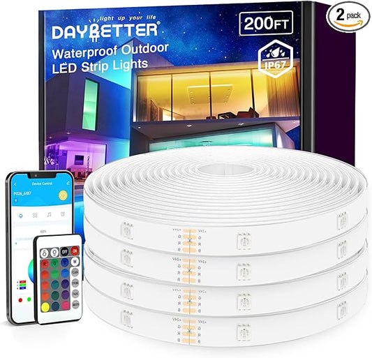 DAYBETTER Outdoor LED Strip Lights, IP67 Waterproof LED Lights with Remote, APP Control, Color Changing LED Rope Lights for Bedroom, Bathroom, Roof, Balcony, Pool, 24V