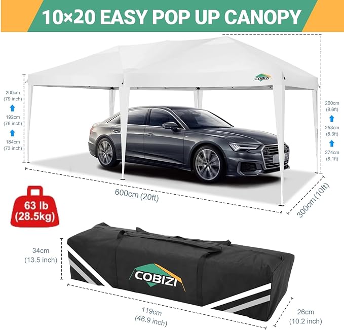 COBIZI Canopy 10x20 Pop Up Canopy Tent with 6 Sidewalls Easy Pop Up Tent 10x20 Waterproof Commercial Instant Shelter UPF 50+ Portable Gazebo Wedding Tents for Parties Carport Vender Events