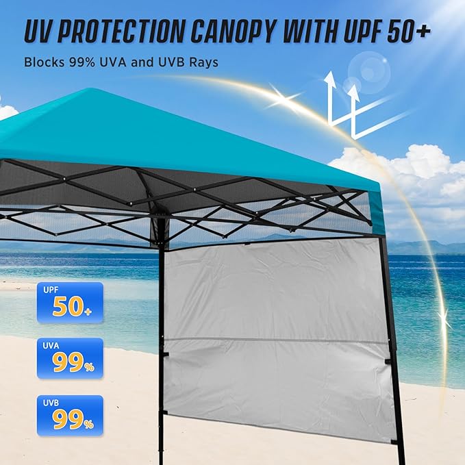 EAGLE PEAK 8x8 Pop Up Canopy Tent with Sidewall, Compact, Portable Slant Leg Instant Sun Shelter for Beach, Sports, & Camping, 8x8 Base 6x6 Top, Turquoise