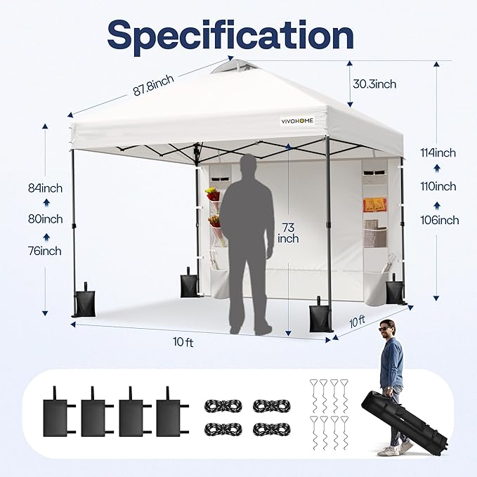VIVOHOME 10x10ft Pop Up Canopy Tent with Sidewall and 6 Pockets, One Push Setup Outdoor Portable Shelter Tent Heavy Duty with Wheel Carry Bag and 4 Sandbags, White