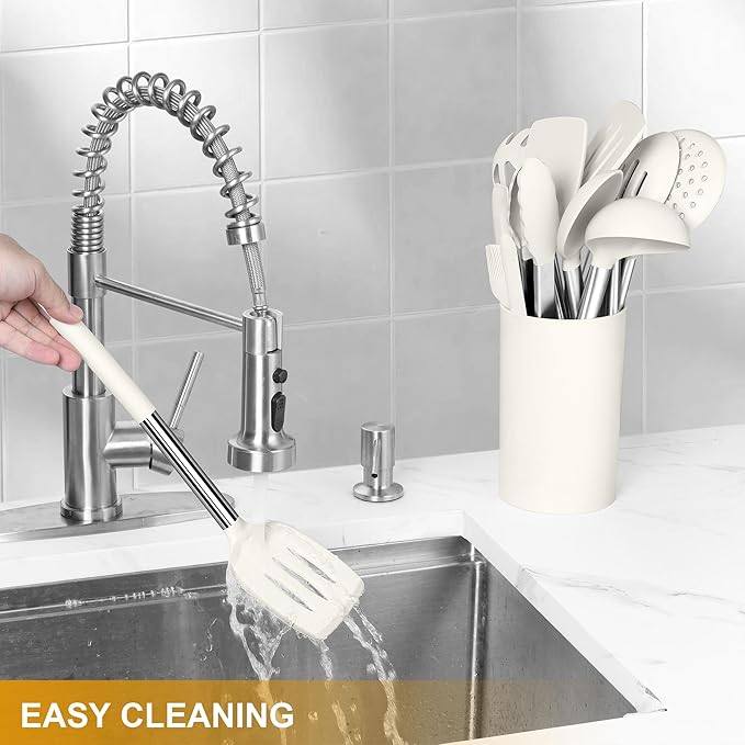 LIANYU 15 Pcs Cooking Kitchen Utensils Set with Holder, Silicone Kitchen Gadgets with Stainless Steel Handle, Heat Resistant Spatula Tools, Brush Spoon Tong Whisk Ladle Turner for Cookware, White