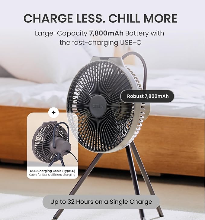 Claymore V600+ Rechargeable Camping Fan (Warm Grey) – 7,800 mAh Battery Operated Portable Fan for Indoor & Outdoor Use, 4-Speed Quiet Air Circulator, USB‑C Charging, Timer, Carry Pouch Included