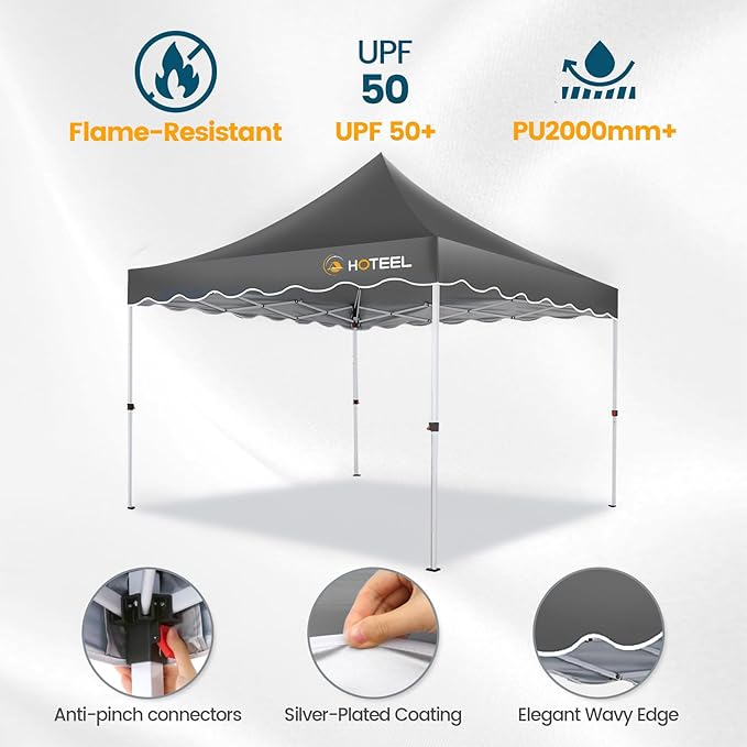 HOTEEL 10×10 Pop Up Canopy, UV 50+ and Waterproof Canopy Tent 10×10, Thickened Frame, Large Space Easy Pop Up Canopy, Outdoor Canopy for Weddings, Beaches, Parties, Patio (Grey)