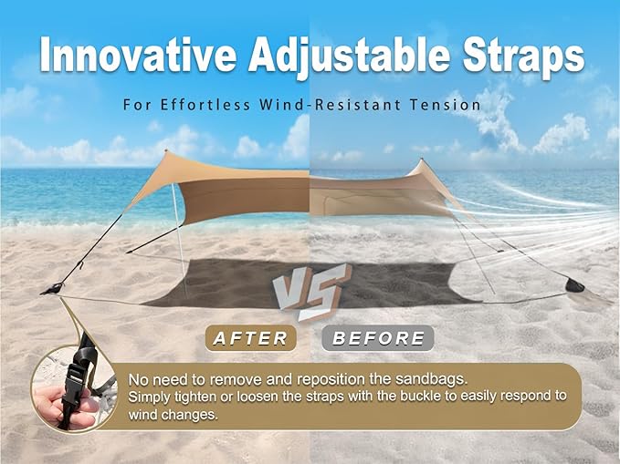 10×10ft UPF50+ Beach Tent Sun Shelter, Windproof Stable Outdoor Pop Up Beach Shade Canopy for Camping, Fishing, Backyard Fun or Picnics, 4 Poles