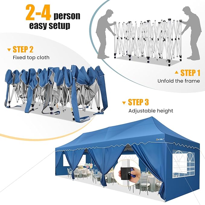 HOTEEL 10x30 Pop Up Canopy with 8 Sidewalls, UV 50+ and Waterproof Party Tent 10×30, Thickened Frame, Large Space Easy Pop Up Canopy, Outdoor Canopy for Weddings, Beaches, Parties, Patio (Blue)
