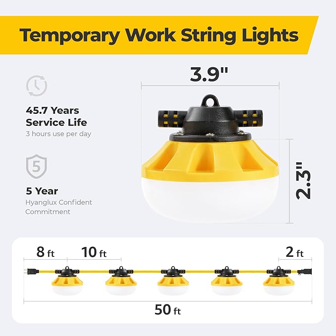 50FT Construction String Lights: 50w 5500lm ETL Certified Bright Industrial Outdoor Temporary Lighting Led Hanging IP65 Waterproof 18AWG Wire Work Light for Attic Jobsite Garage