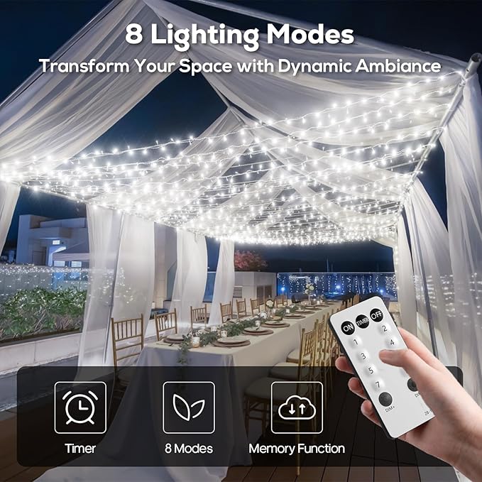 246FT 600 LED Christmas Lights Outdoor Indoor Waterproof 8 Modes String Lights for Outside Cool White Christmas Tree Lights Plug in for Outside Bedroom Wedding Party Holiday Decorations