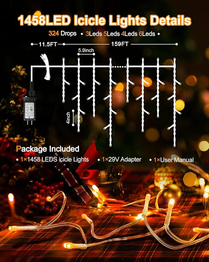 159 FT Christmas Lights Outdoor, 1458 LED Waterproof Outside Christmas Lights Plug in, Timer & Memory, 8 Modes Fairy Lights with 324 Drops for House Eaves Yard Patio Wedding Decorations, Warm White