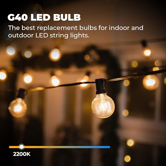 15 Pack G40 Outdoor String Light Bulbs, Waterproof Shatterproof Globe Bulbs with E12 Base, Dimmable Edison Light Bulbs for Party, Garden, Patio Decor, 2200K