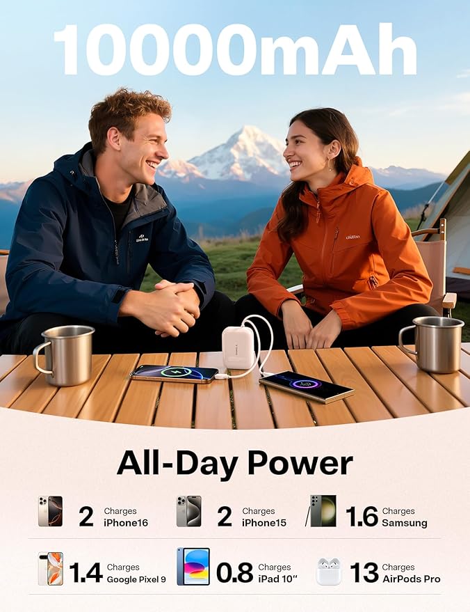 TORRAS 10000mah 45W Power Bank Portable Charger Fast Charging [Ultra Compact] Built in Cable USB C, Travel Essentials Phone Battery Pack Powerbank for iPhone 16 15, Samsung Google Moto etc