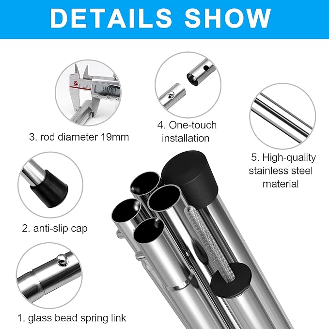 KOMCLUB Telescoping Tent Poles - Adjustable Heavy Duty Camping Poles - Thickened Stainless Steel - Set of 2 - For Tarp, Awning, Canopy, Beach Shelter, Sun Sails