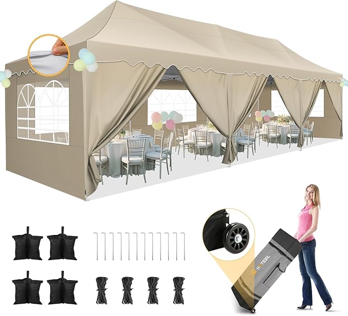 HOTEEL 10x30 Pop Up Canopy with 8 Sidewalls, UV 50+ and Waterproof Party Tent 10×30, Thickened Frame, Large Space Easy Pop Up Canopy, Outdoor Tent for Wedding, Beaches, Parties, Patio (Khaki)