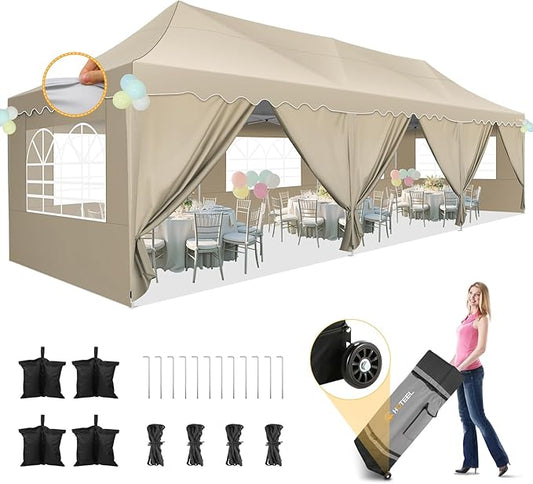 HOTEEL 10x30 Pop Up Canopy with 8 Sidewalls, UV 50+ and Waterproof Party Tent 10×30, Thickened Frame, Large Space Easy Pop Up Canopy, Outdoor Tent for Wedding, Beaches, Parties, Patio (Khaki)