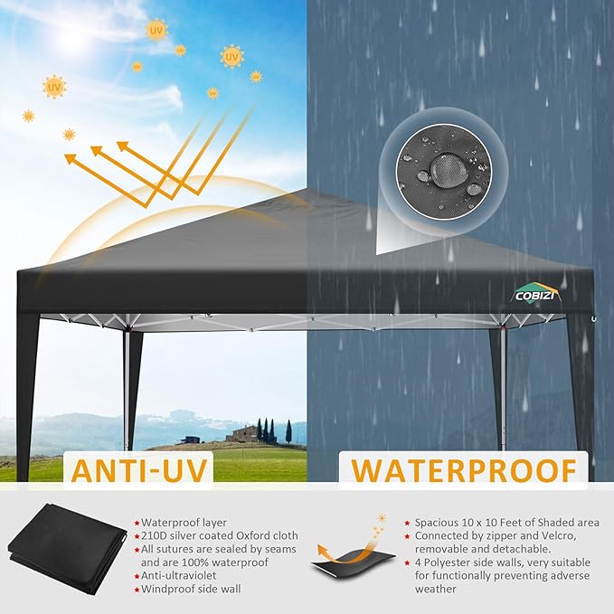 COBIZI 10x10 Pop Up Canopy Tent with 4 Sidewalls,10x10 Easy Up Waterproof Canopy Tents for Parties Camping Exhibition, Outdoor Easy Set U Gazebo Tent with Carry Bag,8 Stakes & 4 Ropes(Black