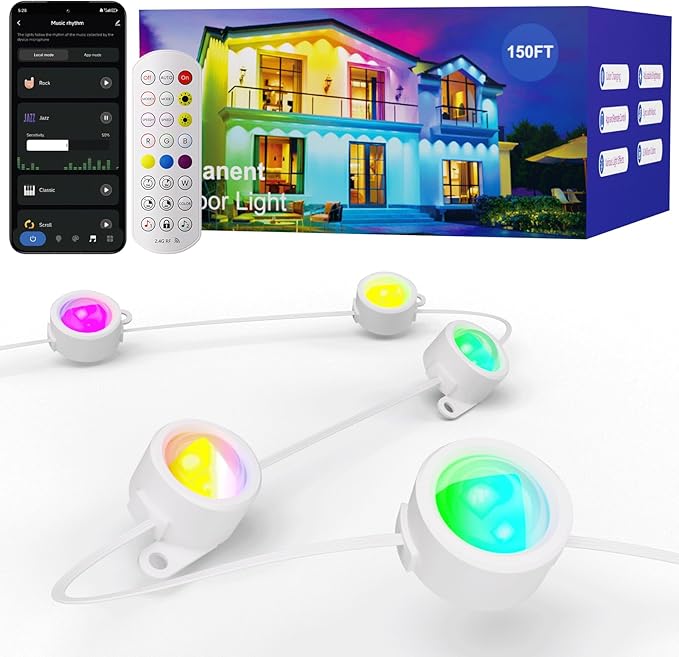HUTAKUZE Permanent Outdoor Lights, 150FT RGB Smart Eaves Lights, IP67 Waterproof LED Outdoor Strip for House, Music Sync, APP/Remote Control, 16 Million Colors