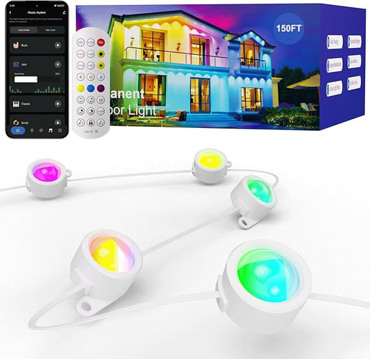 HUTAKUZE Permanent Outdoor Lights, 150FT RGB Smart Eaves Lights, IP67 Waterproof LED Outdoor Strip for House, Music Sync, APP/Remote Control, 16 Million Colors
