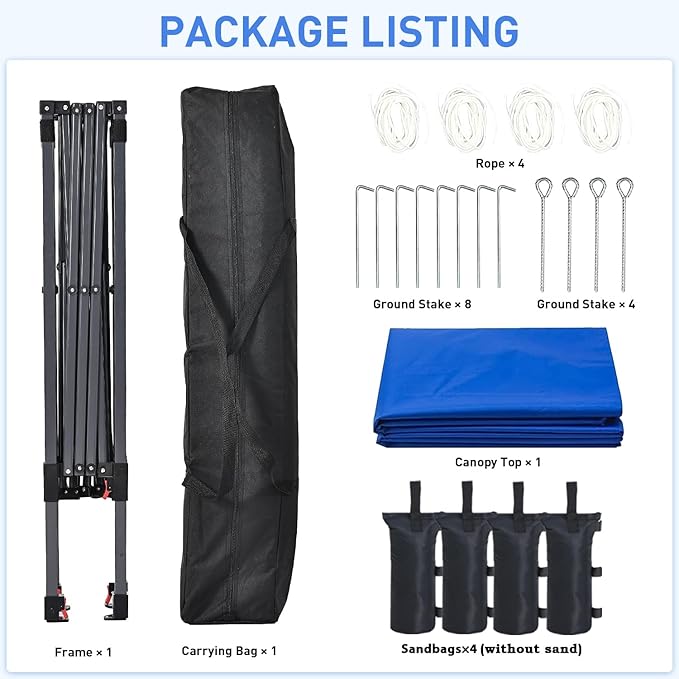 Pop Up Canopy, 10x10 FT Instant Outdoor Canopy Tent with Sandbags, 3 Adjustable Heights - Portable for Event, Parties, Camping and More Outdoor Activities