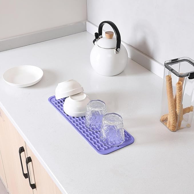Silicone Dish Drying Mat for Multiple Usage,Easy clean,Eco-friendly,Heat-resistant Silicone Mat for Kitchen Counter,Sink,Bar,Bottle,or Cup Light Purple M 17 inches x 6 inches