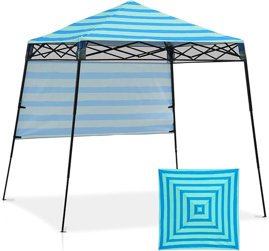 EAGLE PEAK 8x8 Pop Up Canopy Tent with Sidewall, Compact, Portable Slant Leg Instant Sun Shelter for Beach, Sports, & Camping, 8x8 Base 6x6 Top, Green Blue Stripe