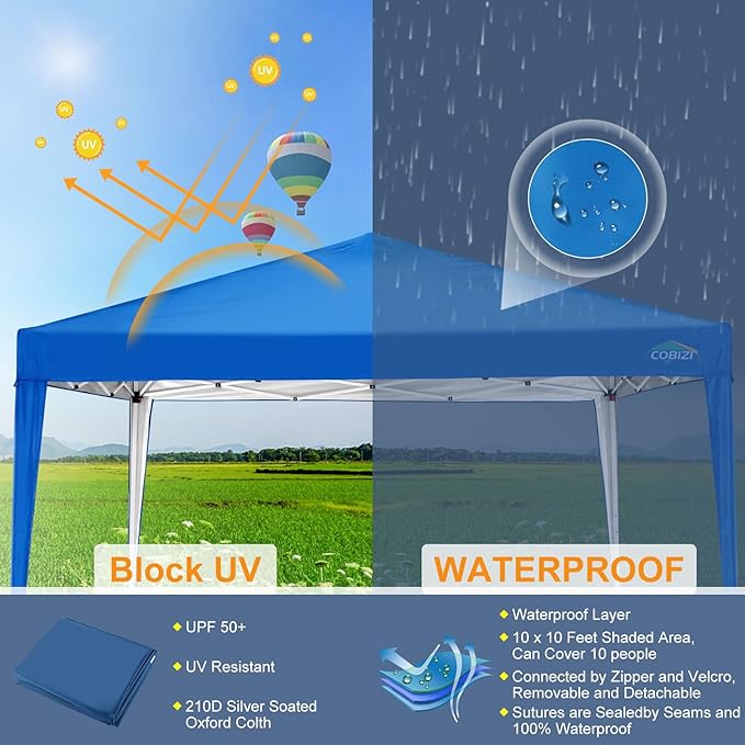 COBIZI 10x10 Pop Up Canopy Tent with 4 Sandbags, Easy Set Up Tent, Instant Outdoor Sun Shelter Canopy with 8 Stakes,4 Ropes&Carry Bag, Tents for Parties, Beach, Backyard,Camping（Blue