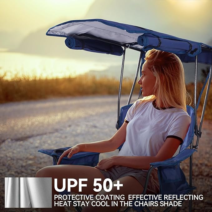 Camping Chair with Canopy Shade - Folding Beach Chair with UPF 50+ Sun Shade, Cup Holder, Side Pocket, Portable Sports Chair for Adults Support 330 LBS, Fishing Camp Outdoor Lawn Chair - Blue