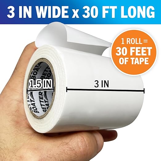 Repair Tape for Fabric Boat Covers, Canvas Tents, Pop-Up Campers, RV Awnings, Tarps, Canopies, Bimini Tops, Sails, Air Mattress Patch Kit, 30ft x 3" White Heavy-Duty Waterproof Vinyl
