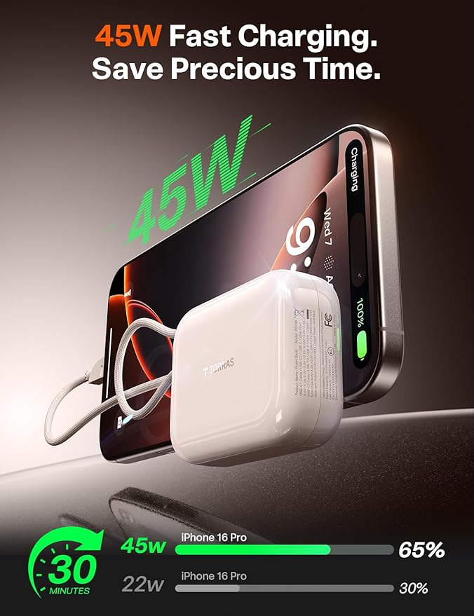 TORRAS 10000mah 45W Power Bank Portable Charger Fast Charging [Ultra Compact] Built in Cable USB C, Travel Essentials Phone Battery Pack Powerbank for iPhone 16 15, Samsung Google Moto etc