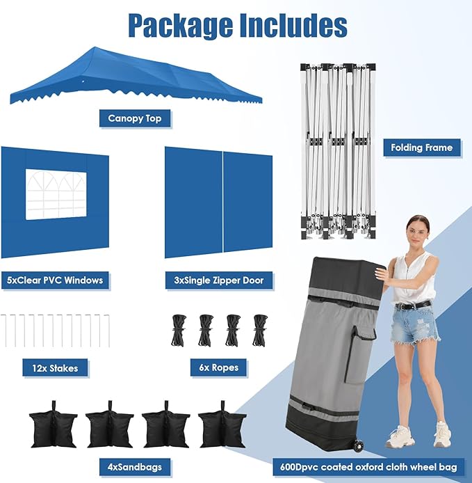 HOTEEL 10x30 Pop Up Canopy with 8 Sidewalls, UV 50+ and Waterproof Party Tent 10×30, Thickened Frame, Large Space Easy Pop Up Canopy, Outdoor Canopy for Weddings, Beaches, Parties, Patio (Blue)