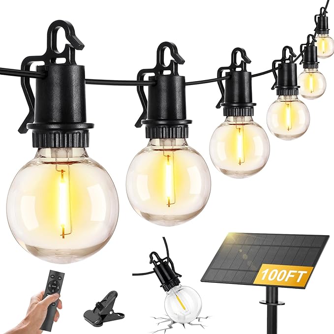 ZJOJO Solar Outdoor String Lights Waterproof, 100FT G40 Globe Patio Lights String Lights Solar Powered with 50 Edison Bulbs 2700K Shatterproof Hanging Lights for Porch Backyard Pergola Bistro