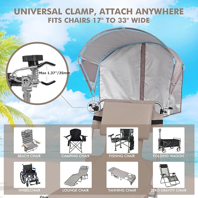 Universal Chair Umbrella Canopy, UPF 50+ Sun Shade with Adjustable Clamp Clip for Beach Chair, Outdoor Camping Chair, Sports Chair, Lawn Chair, Tanning Chair, Zero Gravity Chair, 2 Pack Beige