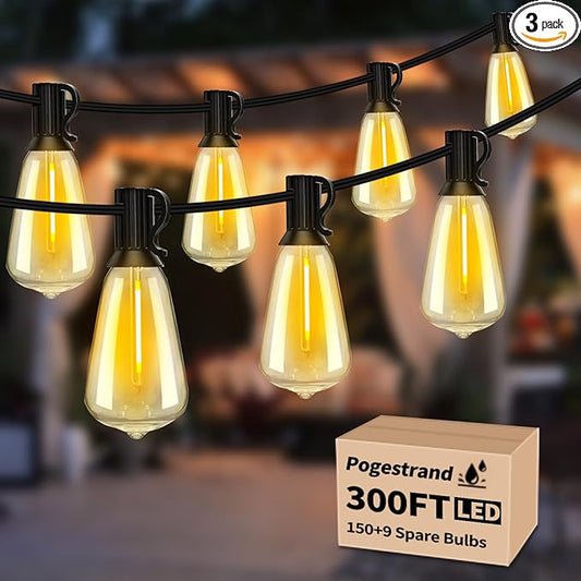 Outdoor String Lights 300ft Waterproof Shatterproof Patio String Lights for Outside with 159 Vintage ST38 LED Bulbs(9 Spare), Dimmable Hanging Lights for Backyard Porch Balcony Party Decor, Warm White