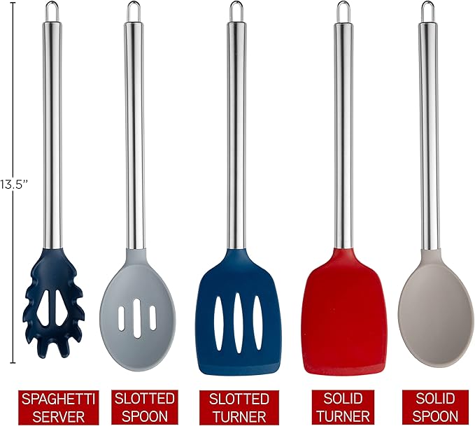 COOK WITH COLOR Silicone Cooking Utensils, Kitchen Utensil Set, Easy to Clean Silicone Kitchen Utensils, Cooking Utensils for Nonstick Cookware, Kitchen Gadgets Set, 5 Pieces, Red