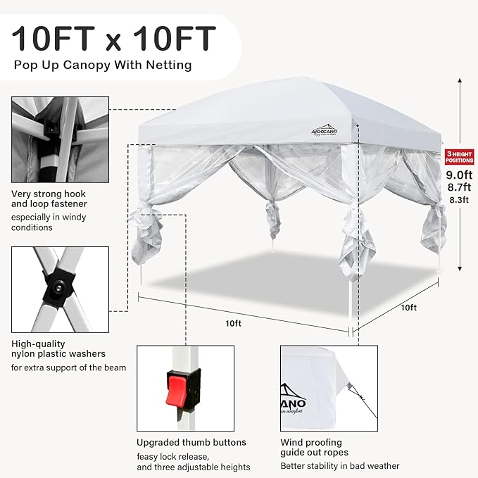 Canopy Tent with Netting Screen,10x10 Easy Pop Up Gazebo for Outdoor Parties,Camping,Foldable Patio Gazebo with Roller Bag and 4 Sandbags (White)