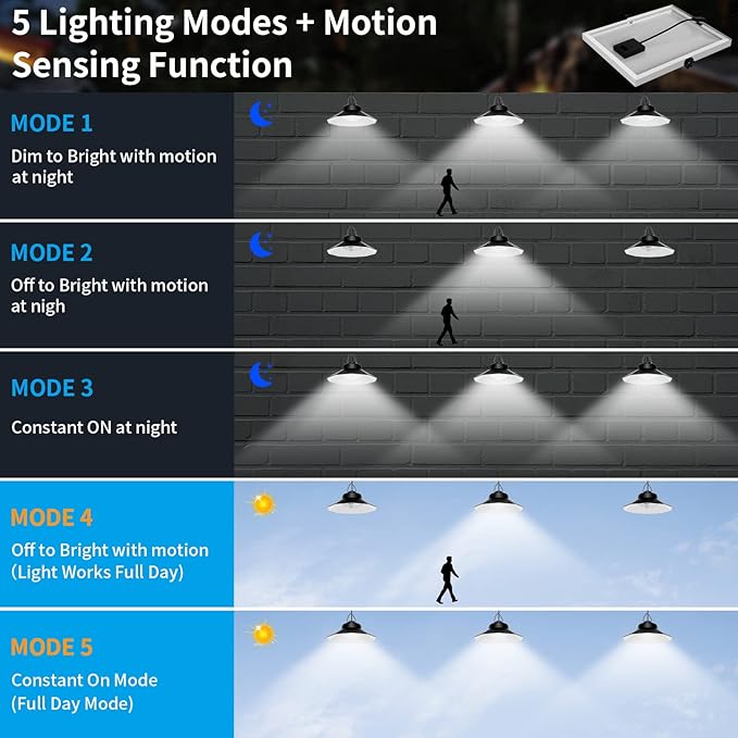 Solar Shed Lights Indoor Outdoor Aqonsie Dual Solar Pendant Daytime Work Lights with 3 Colors Temperature & 5 Lighting Modes+2 Timers, 1200LM Solar Motion Indoor Lights with Remote for Gazebo Barn