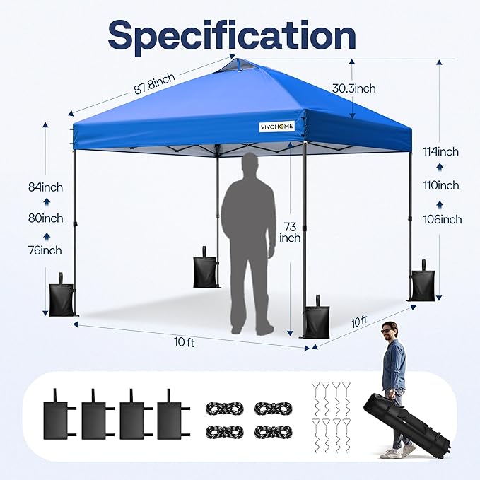 VIVOHOME 10x10ft Pop Up Canopy Tent One Push Setup Outdoor Portable Shelter Tent Heavy Duty with Wheel Carry Bag and 4 Sandbags, Blue