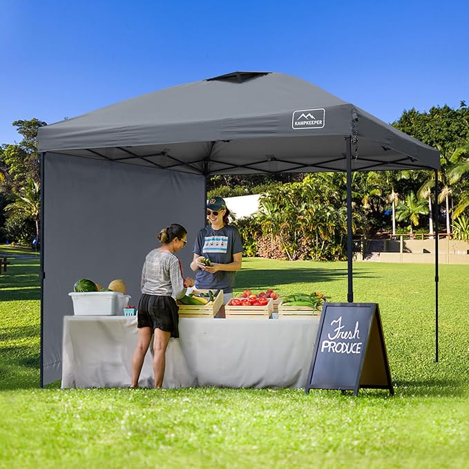 KAMPKEEPER 10x10 Pop Up Canopy Tent with 2 Sidewalls, Beach Tent - Easy Outdoor Sun Shade for Events, Parties, Camping - Gazebo with 4 Weight Bags & Carry Bag.（Grey）