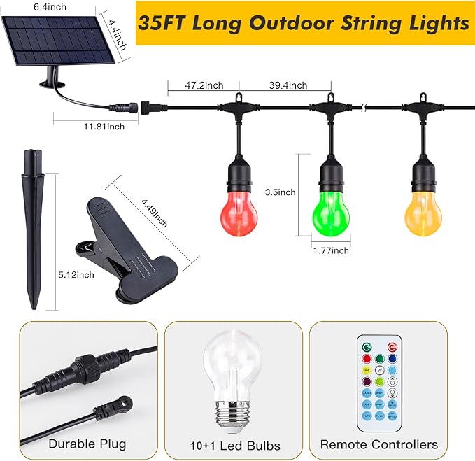 35FT Solar String Lights Outdoor Dimmable RGB Color Changing - Shatterproof LED Bulbs, Waterproof Remote Control Patio Lights for Garden, Yard