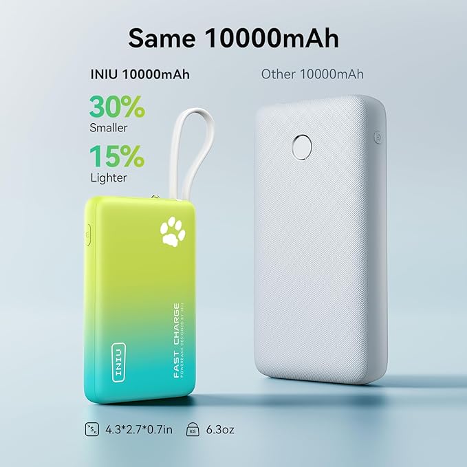INIU PawGo Portable Charger, 45W PD 10000mAh Fast Charging Slim Power Bank, Built-in USB C Cable Battery Pack, Travel Essentials Powerbank for iPhone 16/15 Pro Max, Samsung S25/S24 etc, Tropic Punch
