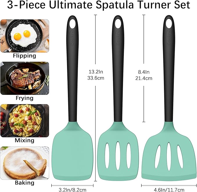 Coukre Silicone Spatula Set of 3, High Heat Resistant, BPA-Free, Kitchen Utensils, Fish Spatula, Solid & Slotted Turner for Non-Stick Pans, Flipping Eggs, Pancakes, Fish, Burgers (3, AquaGreen)