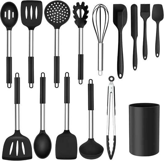 Kitchen Utensils Set, 15 Pcs Silicone Cooking Utensils Set with Holder and Heat Resistant Stainless Steel Handle for Nonstick Cookware - Black