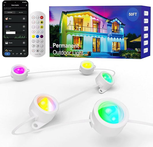 HUTAKUZE Permanent Outdoor Lights, 50FT RGB Smart Eaves Lights, IP67 Waterproof LED Outdoor Strip for House, Music Sync, APP/Remote Control, 16 Million Colors