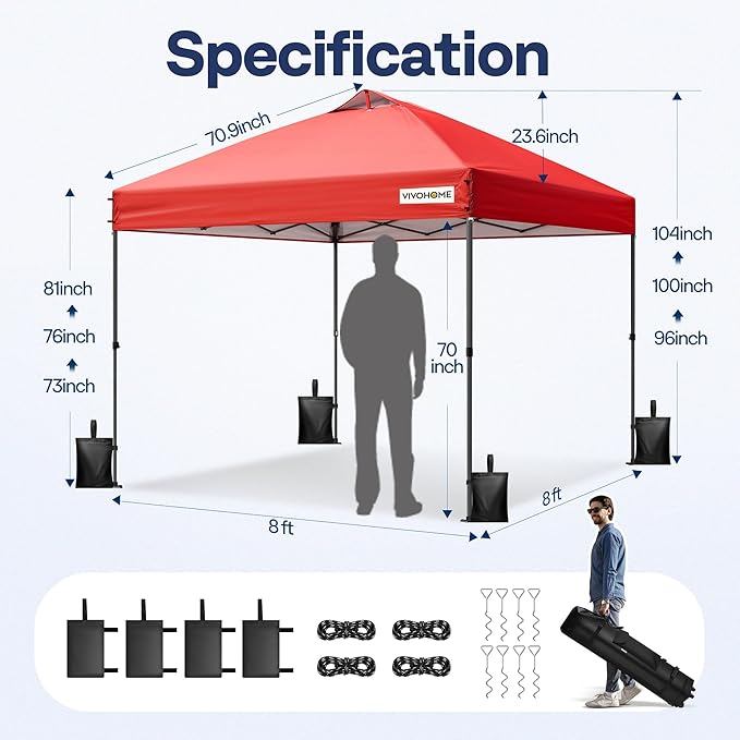 VIVOHOME 8x8ft Pop Up Canopy Tent One Push Setup Outdoor Portable Shelter Tent Heavy Duty with Wheel Carry Bag and 4 Sandbags, Red
