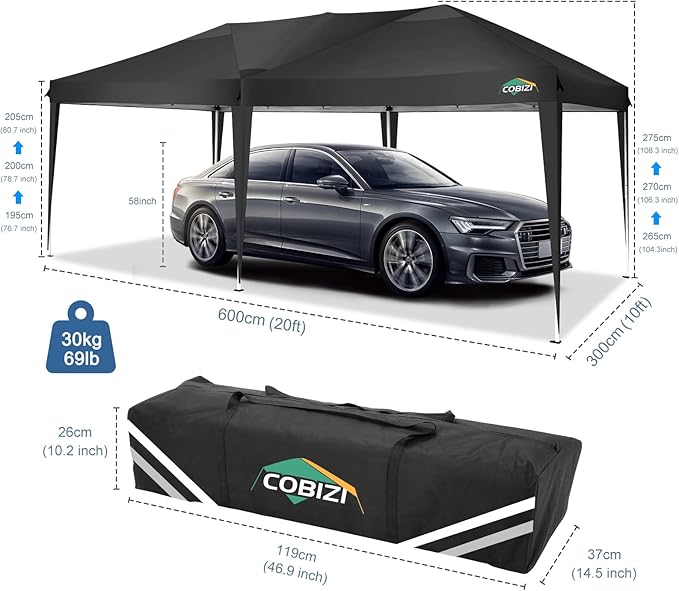 COBIZI 10x20 Pop Up Canopy Tent One Push Setup UV Protection 50+ Waterproof Party Tents for Parties Wedding Outdoor Commercial Event Gazebo Portable Instant Tent for Backyard Camping Carport,Black