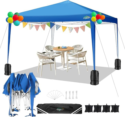COBIZI 10x10 Pop Up Canopy Tent with 4 Sandbags, Easy Set Up Tent, Instant Outdoor Sun Shelter Canopy with 8 Stakes,4 Ropes&Carry Bag, Tents for Parties, Beach, Backyard,Camping（Blue