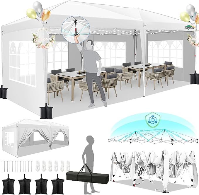 HOTEEL 10x20 Pop Up Canopy with 6 Sidewalls,One-Push Setup Canopy Tent with 8 Windbreak Poles,Waterproof Shade 10x20,Outdoor Canopies for Parties,Weddings,Camping,Patios (White)