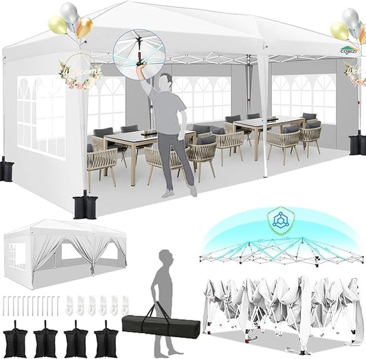 HOTEEL 10x20 Pop Up Canopy with 6 Sidewalls,One-Push Setup Canopy Tent with 8 Windbreak Poles,Waterproof Shade 10x20,Outdoor Canopies for Parties,Weddings,Camping,Patios (White)