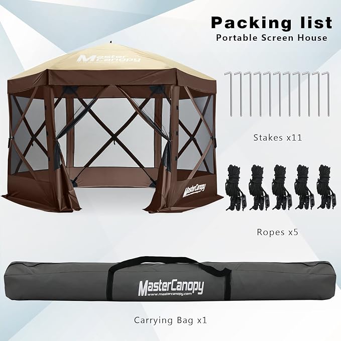 MASTERCANOPY 12x12FT Pop Up Gazebo Screen Tent - Instant Screen House with Netting, Quick Set, Outdoor Canopy Shelter with Carry Bag for Camping, Backyard & Patio (Beige&Coffee)