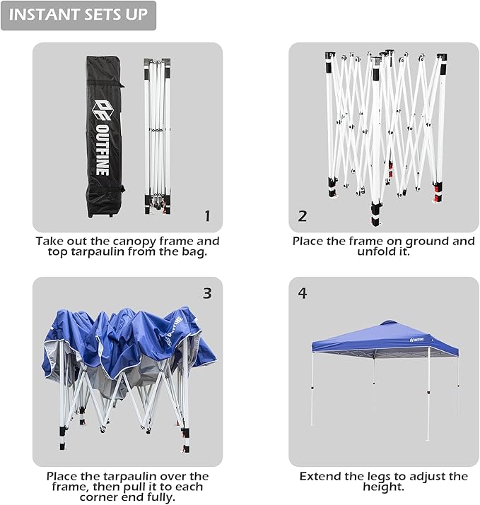 OUTFINE Pop-up Canopy 10x10 Patio Tent Instant Gazebo Canopy with Wheeled Bag,Canopy Sandbags x4,Tent Stakesx8 (Blue, 10 * 10FT)
